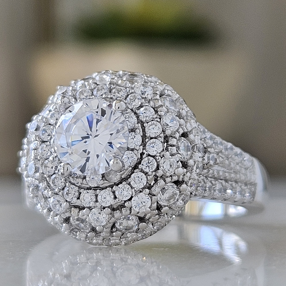 Vintage Style Victorian Double Halo Ring,  925 Sterling Silver
